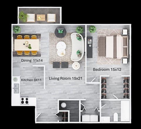 A floor plan of a small apartment with a kitchen, living room, and bedroom.